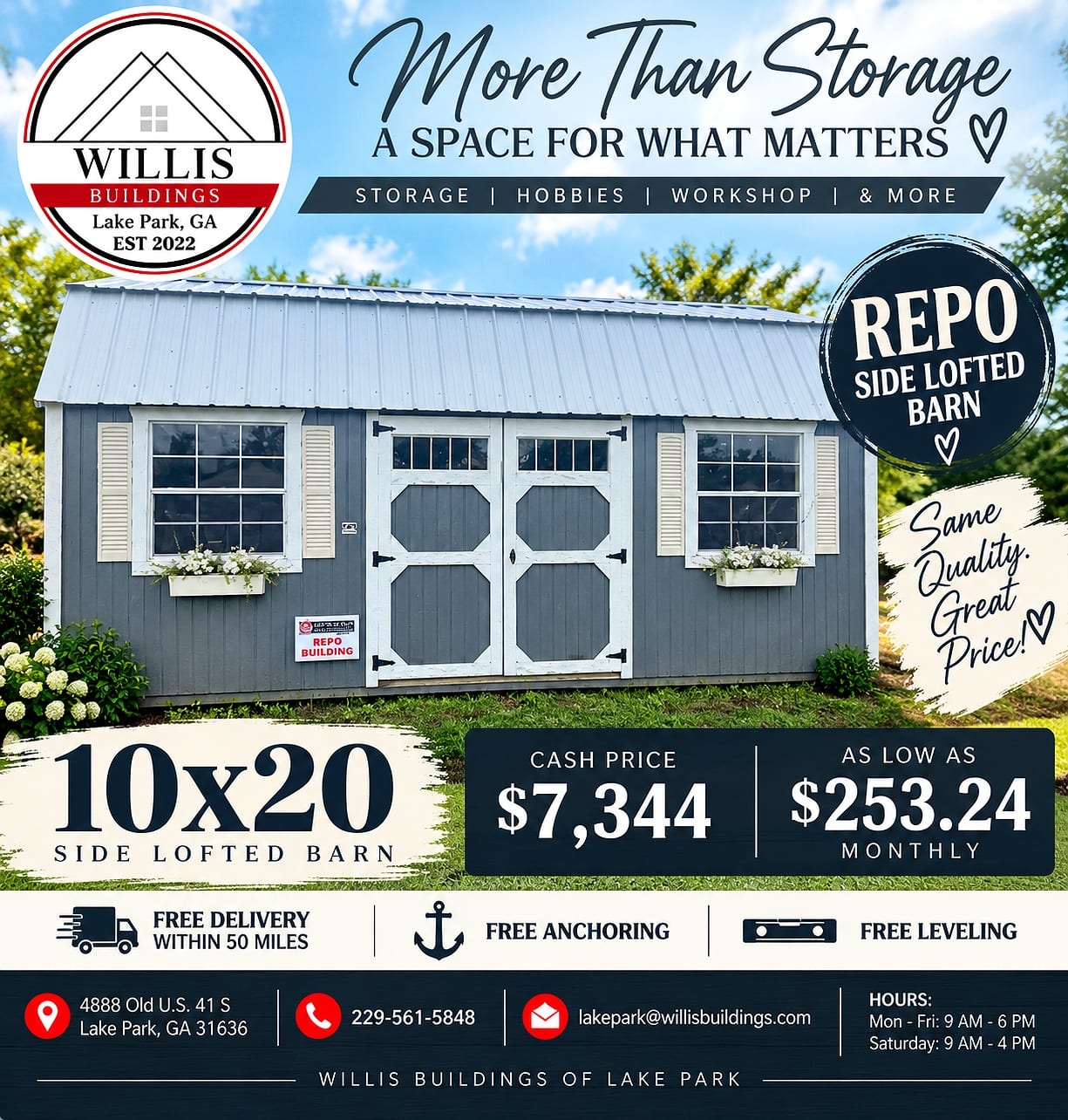 10x20 Side Lofted Barn at Moultrie Lot- Willis Buildings