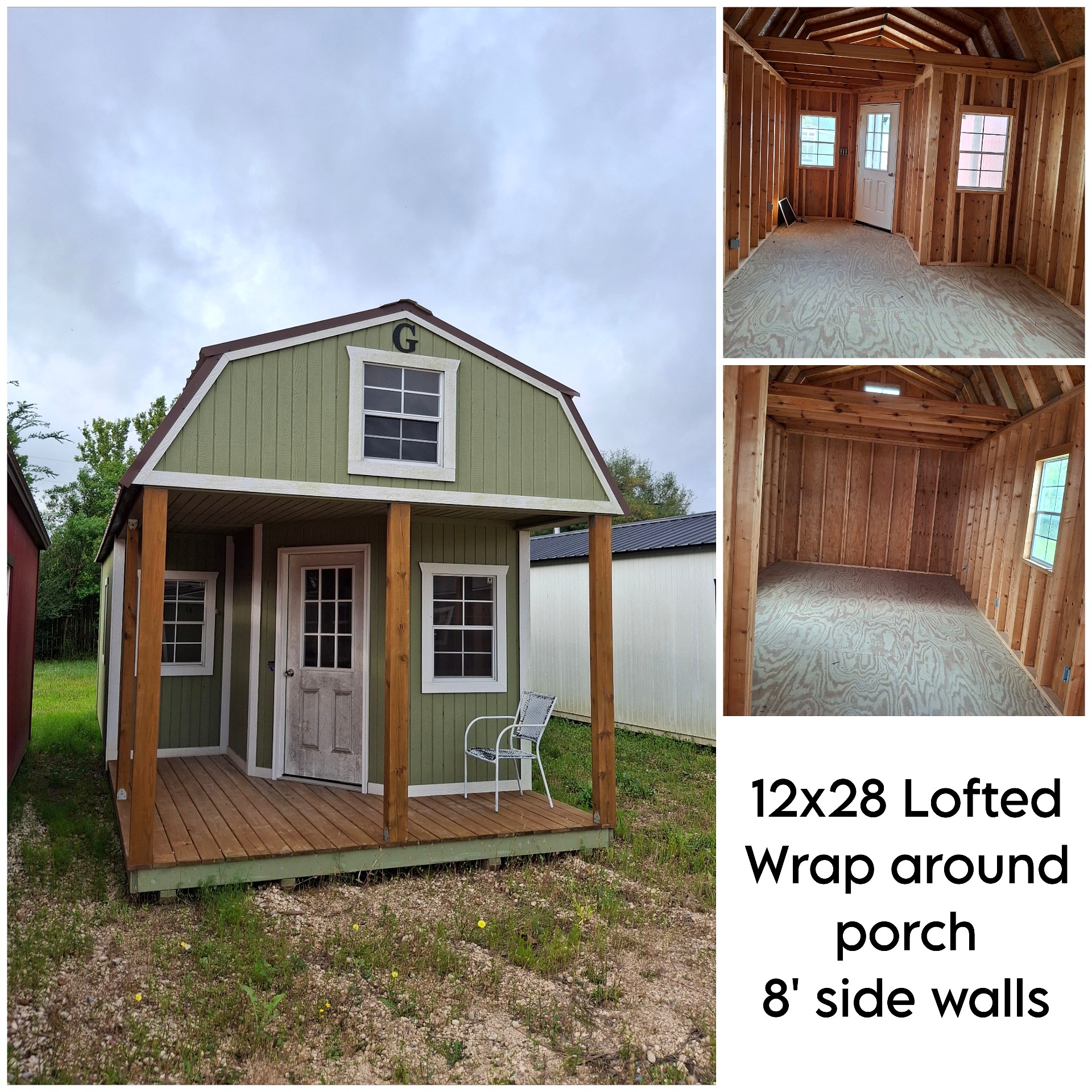 12x28 Wrap Around Porch Lofted Barn Cabin at Kirbyville Lot - Essex Bros